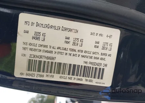 2007 Chrysler 300 z USA, uszkodzony, nr VIN 2C3KA43R77H806807